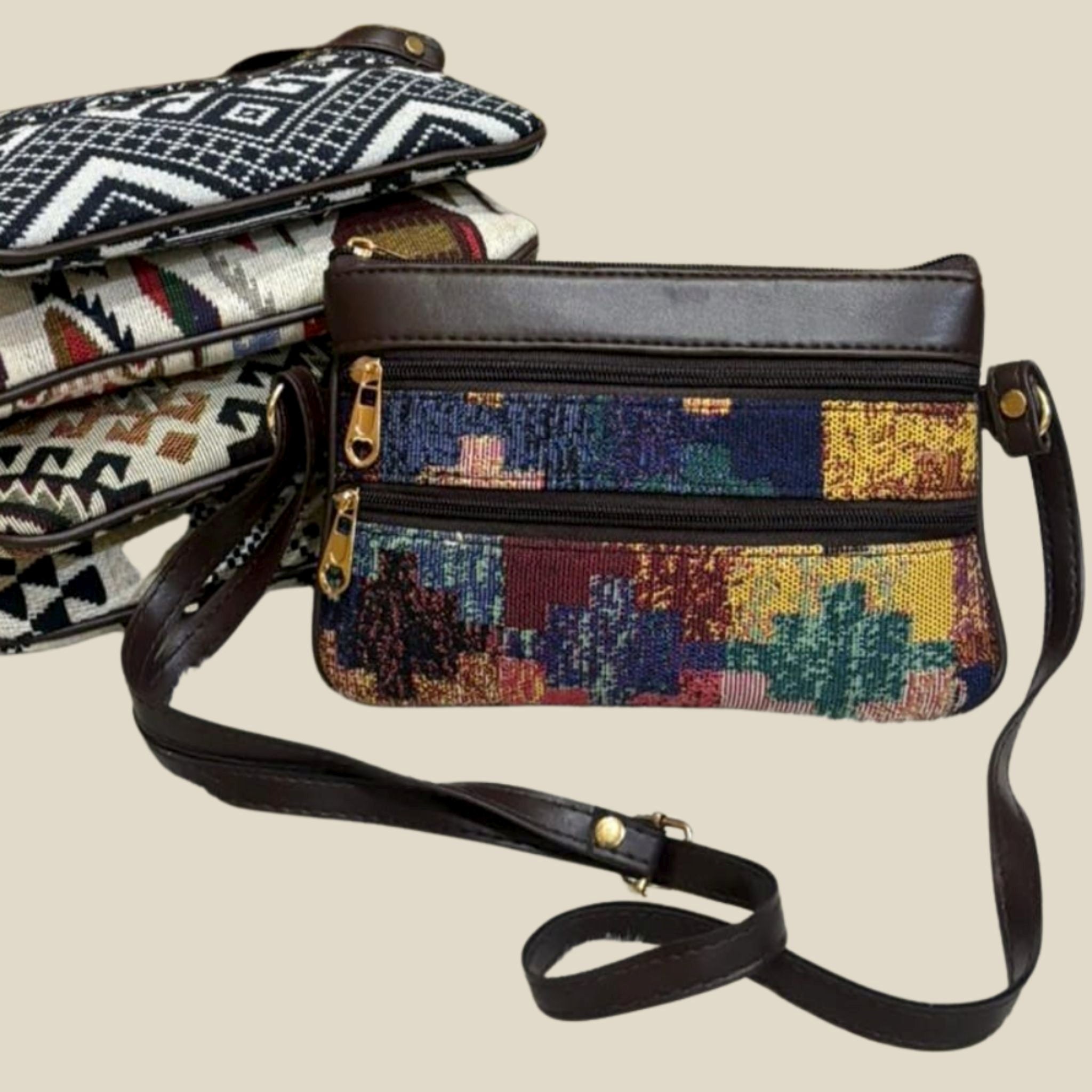 Handmade Tribal Sling Bag – Dual Zipper with Faux Leather