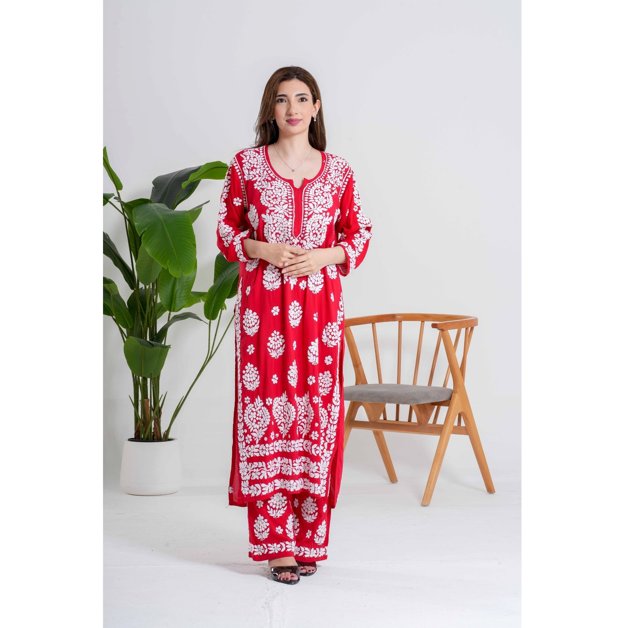 Gulnaar Crimson Red Chikankari Handcrafted suit