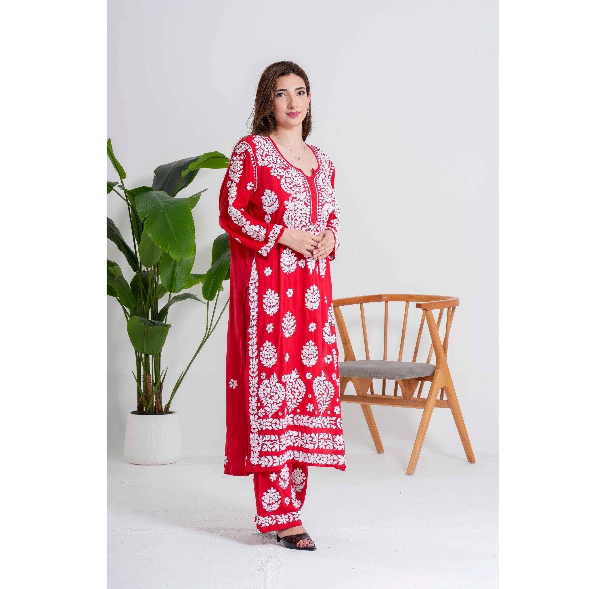 Gulnaar Crimson Red Chikankari Handcrafted suit