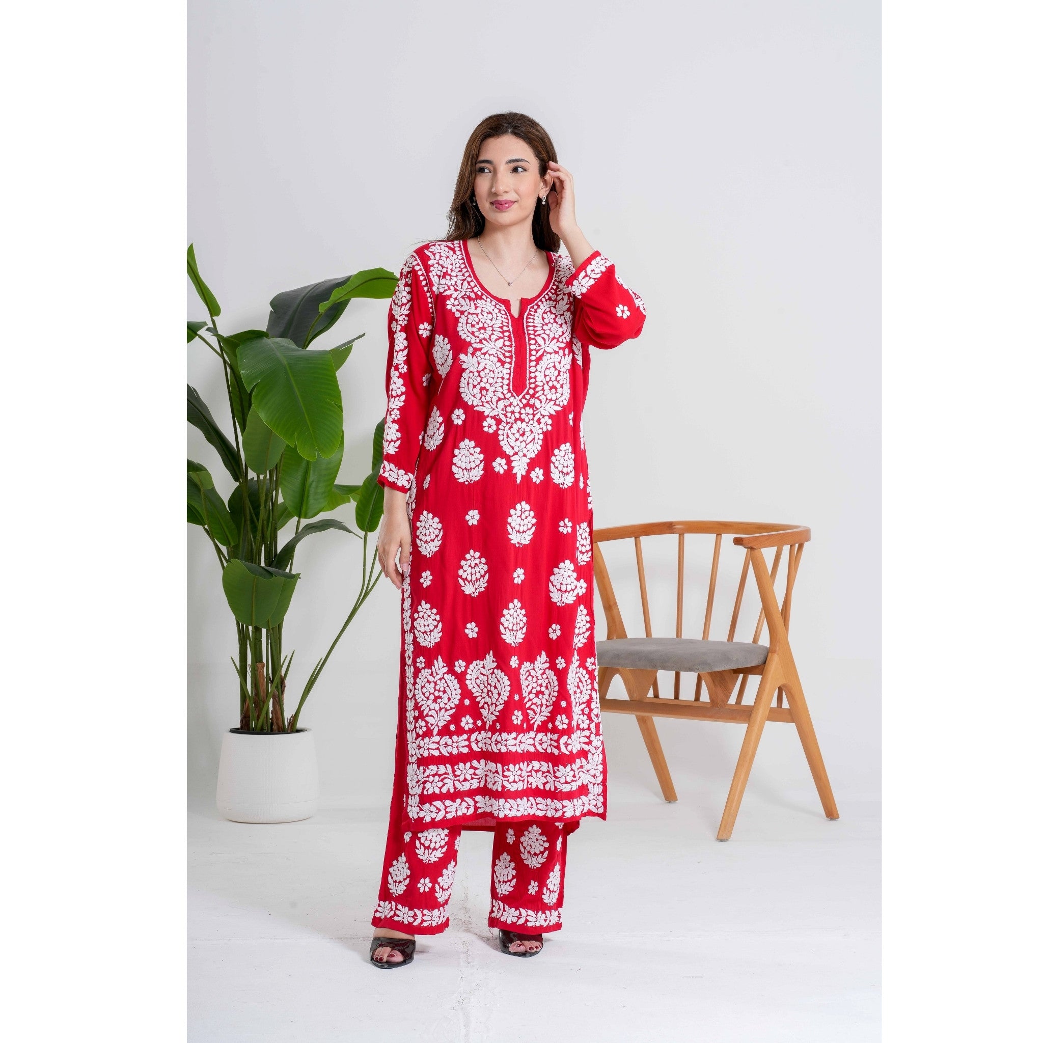 Gulnaar Crimson Red Chikankari Handcrafted suit