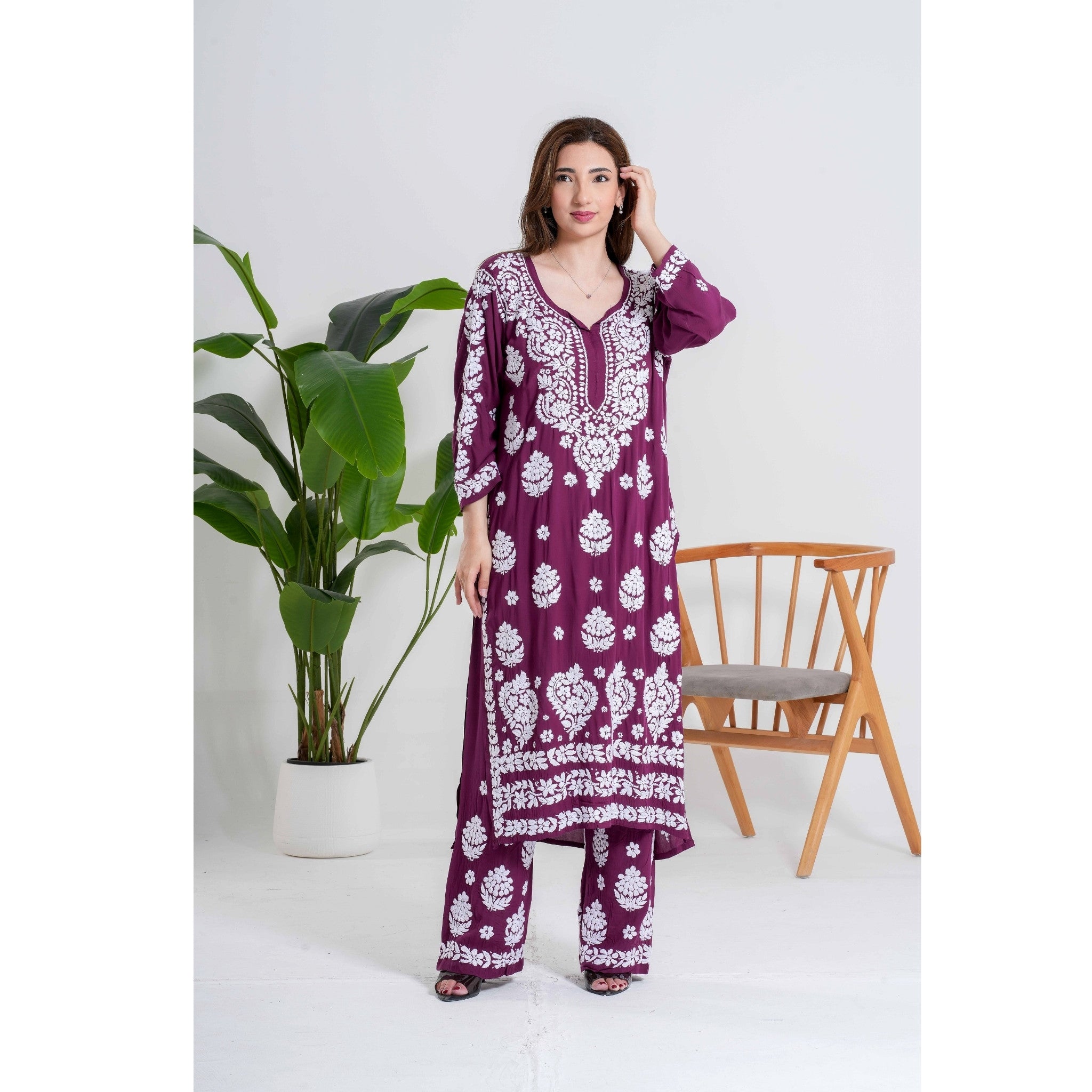 Onion Maroon Chikankari Handcrafted Suit