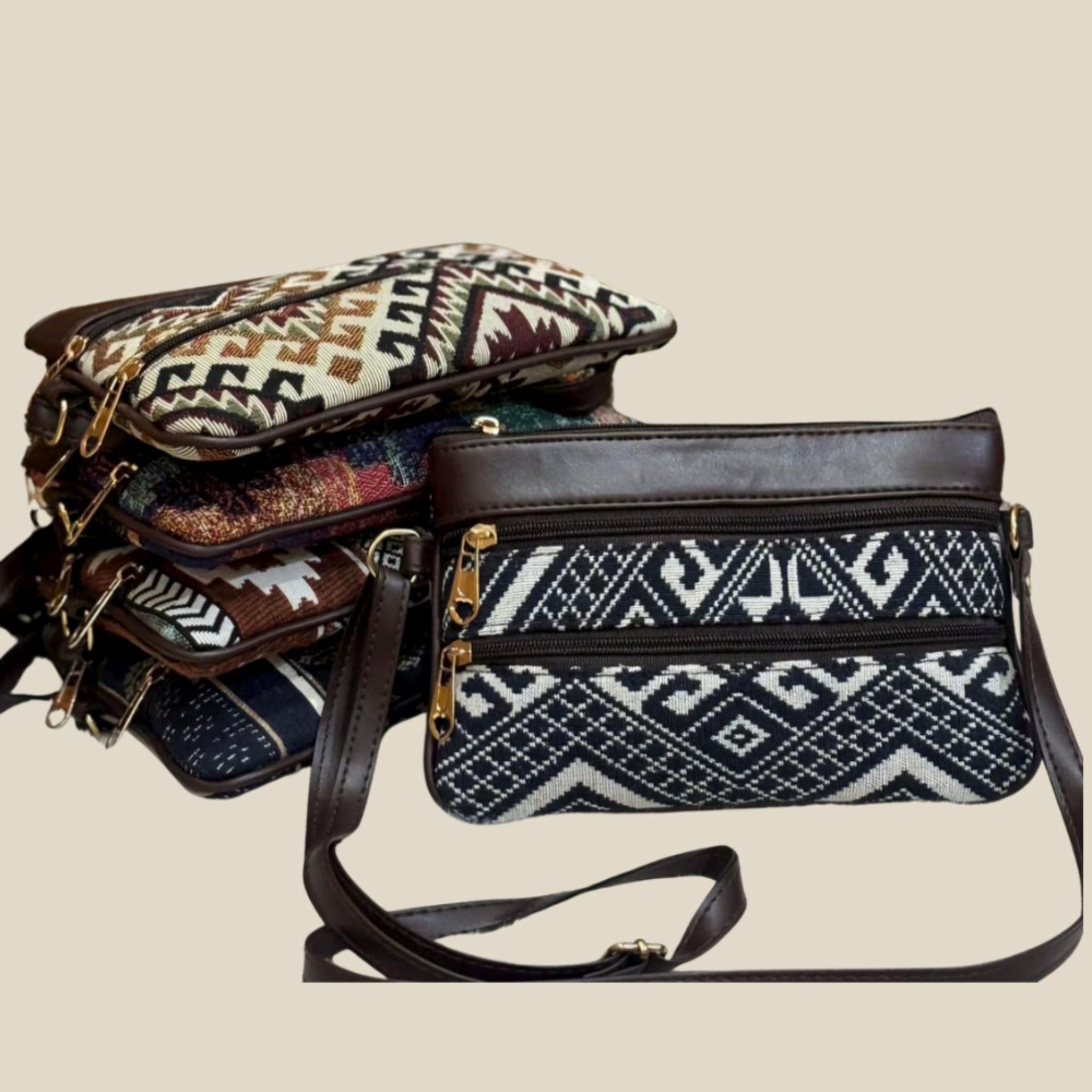 Handmade Geometric Woven Sling Bag – Dual Zipper with Faux Leather Strap