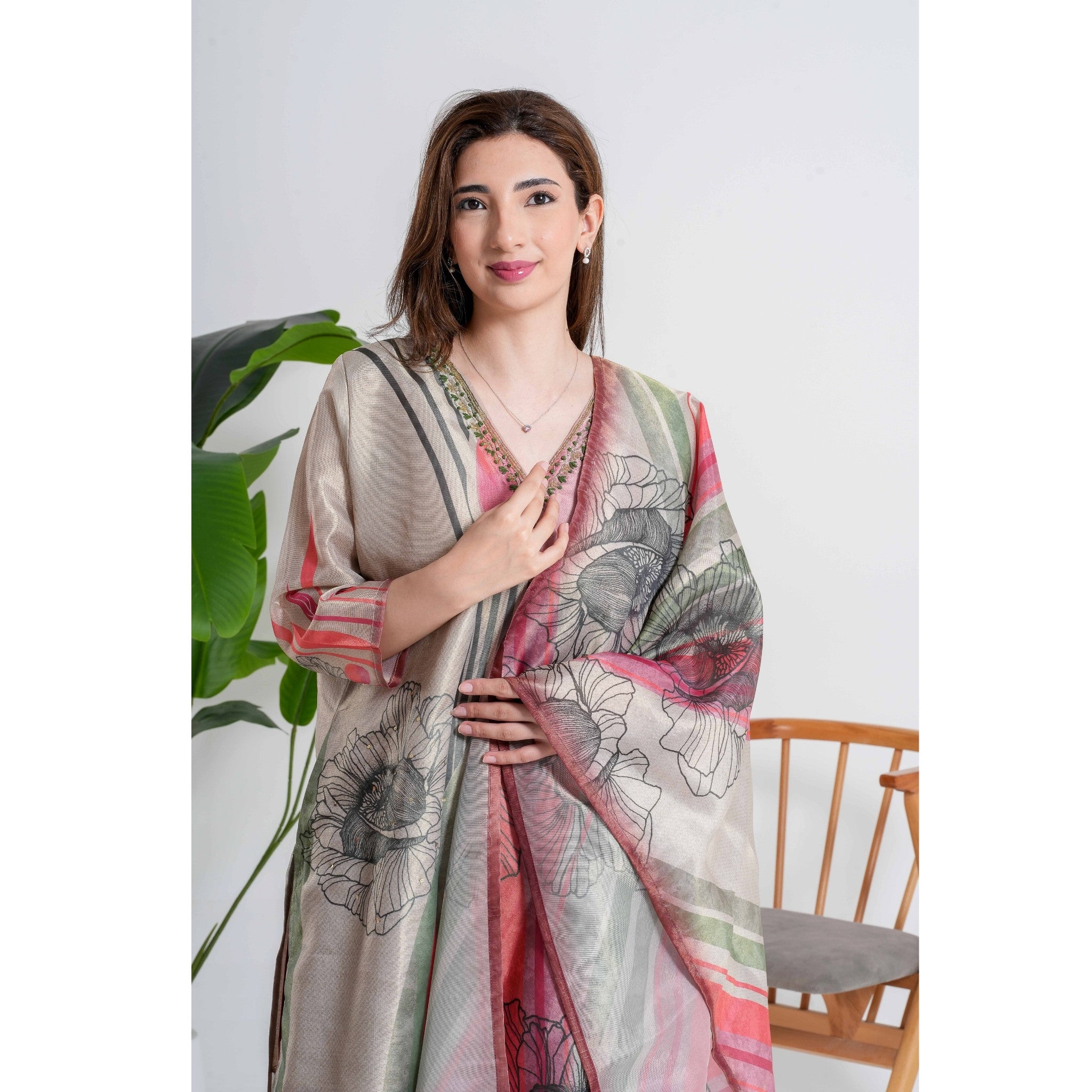 Grey Floral 3pc Salwar Kameez