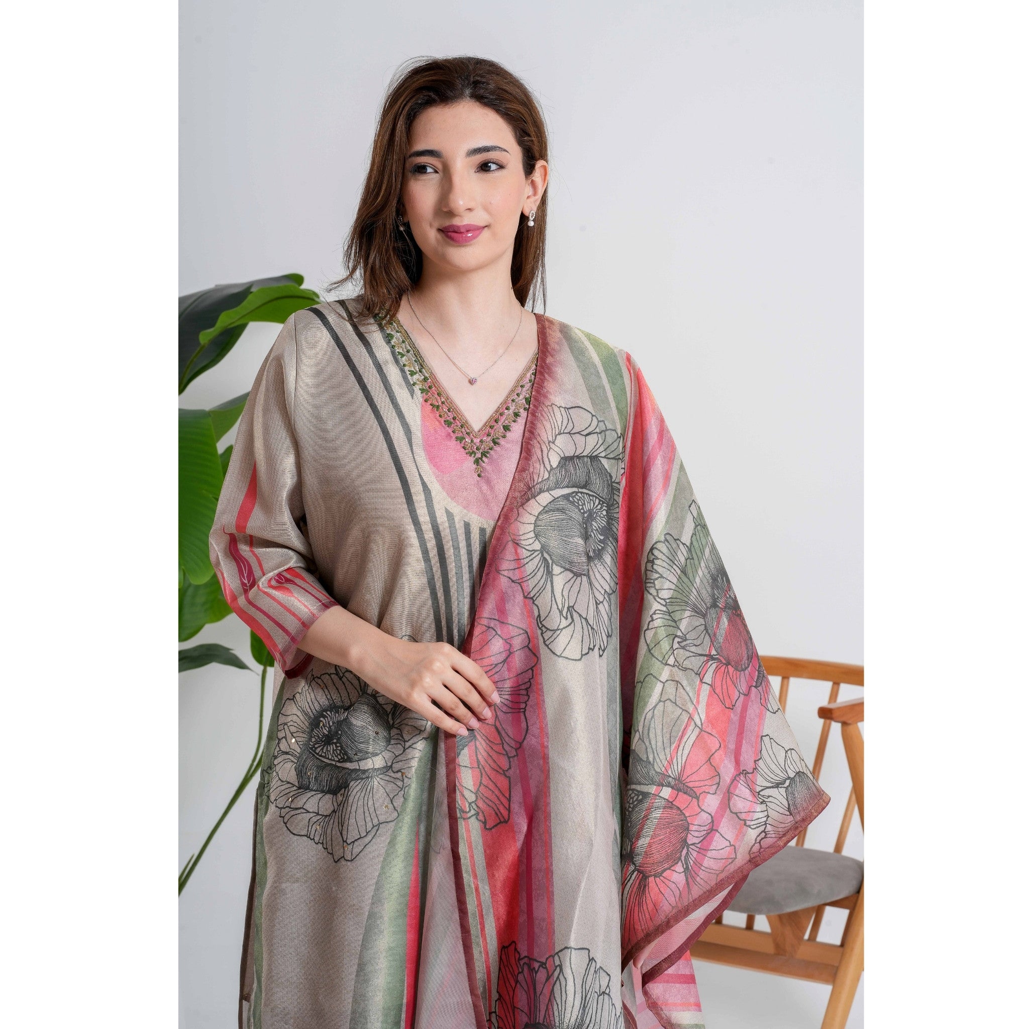 Grey Floral 3pc Salwar Kameez