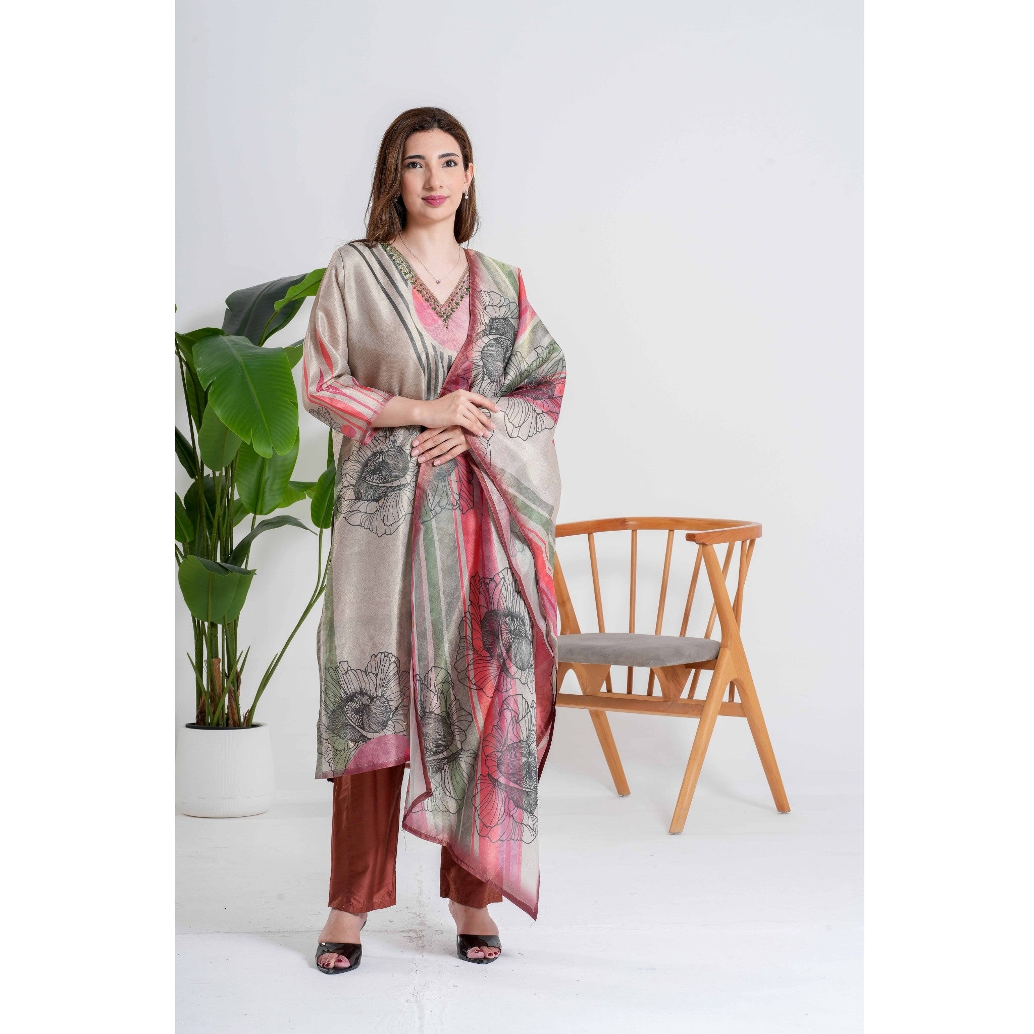 Grey Floral 3pc Salwar Kameez