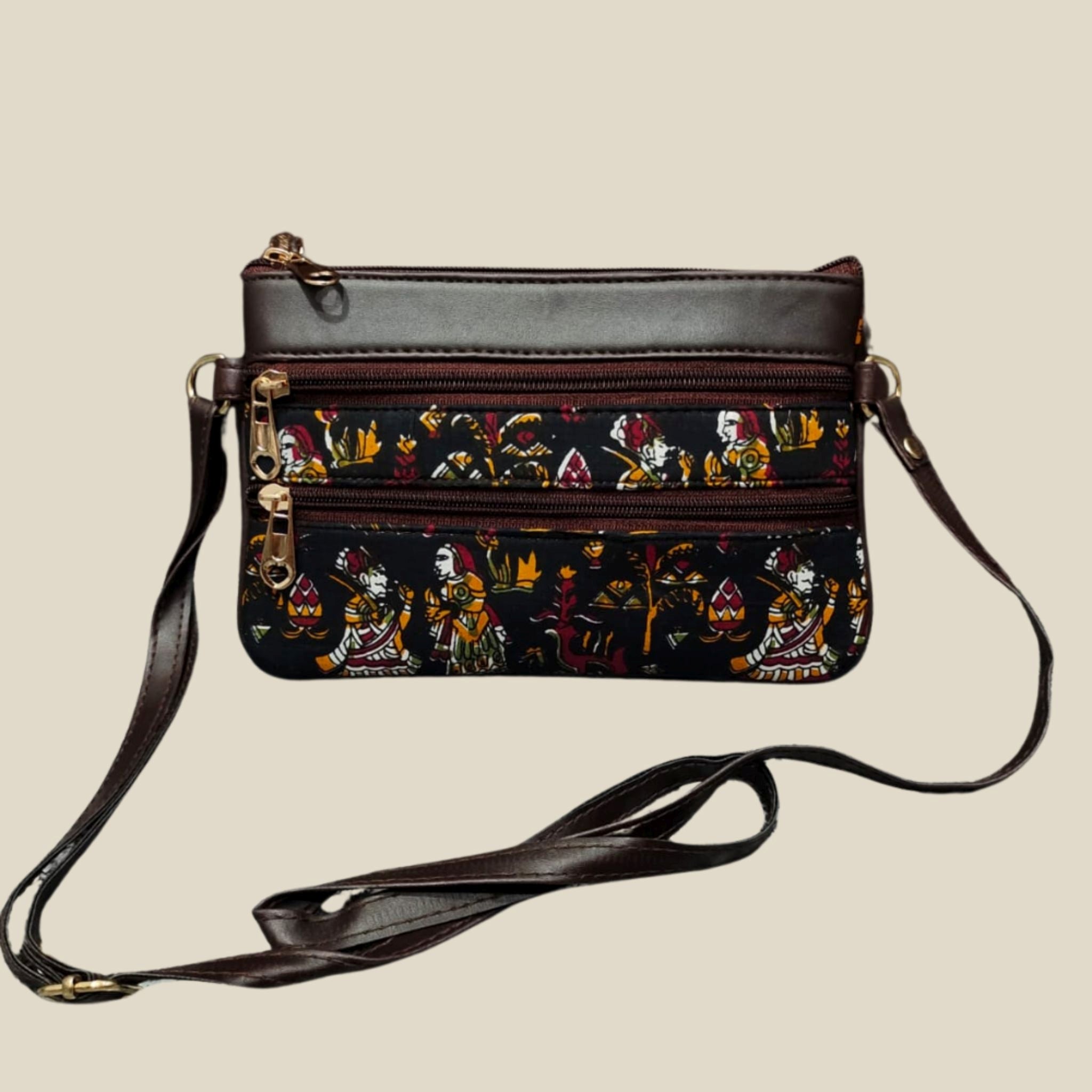 Handmade Folk Art Sling Bag – Dual Zipper with Faux Leather Trim