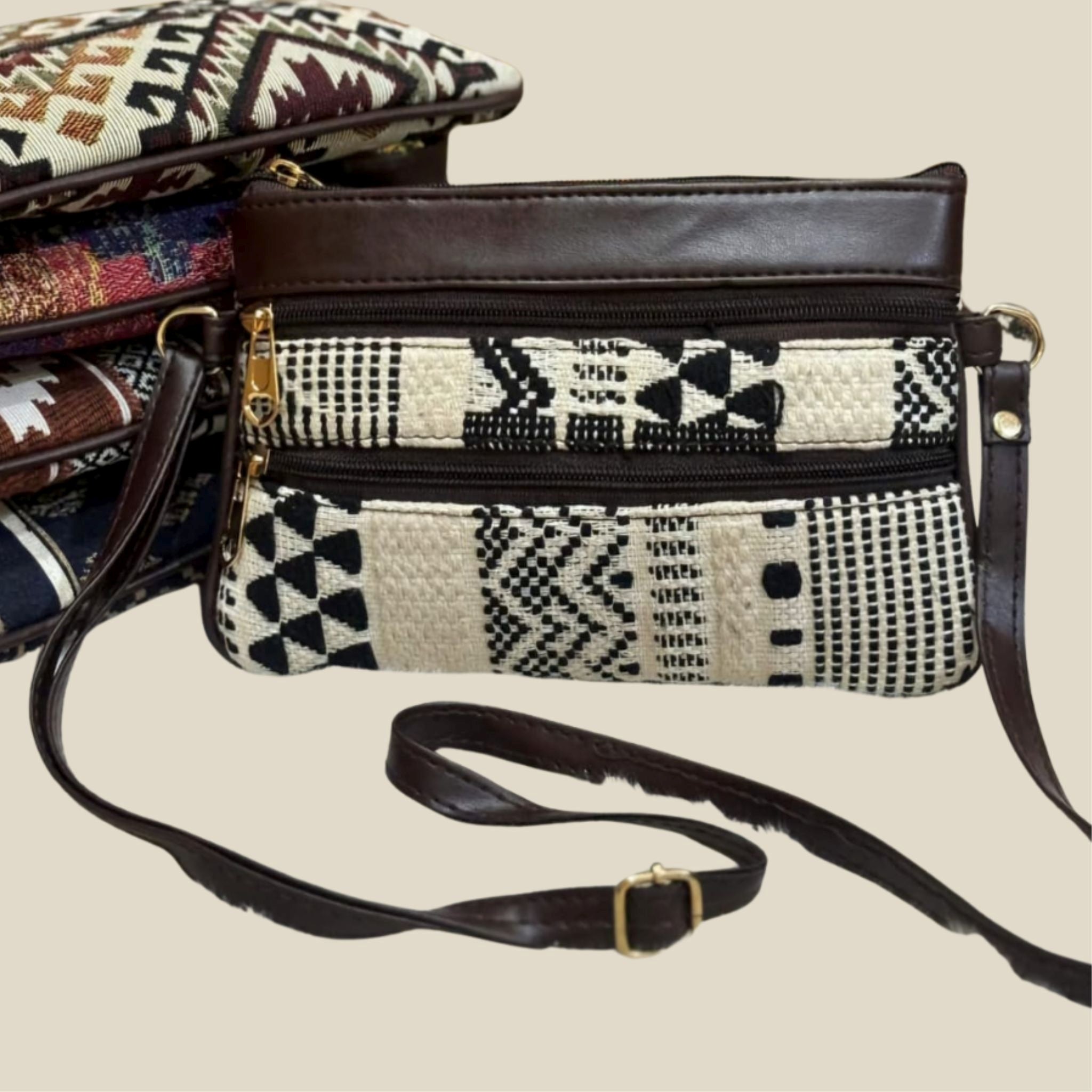 Handmade Tribal Woven Sling Bag – Faux Leather Trim with Dual Zippers