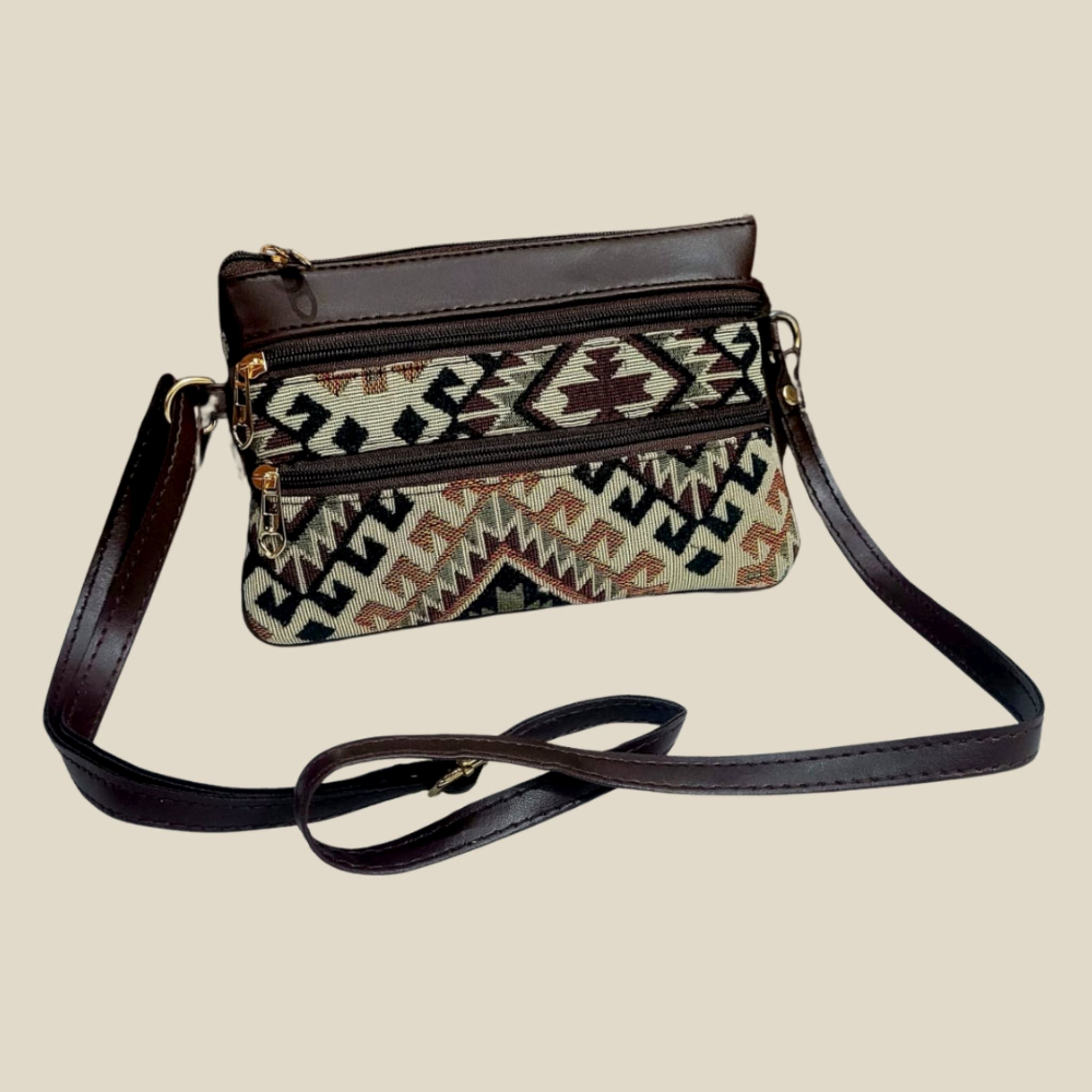 Handmade Southwestern Tribal Sling Bag – Faux Leather & Dual Zipper Design