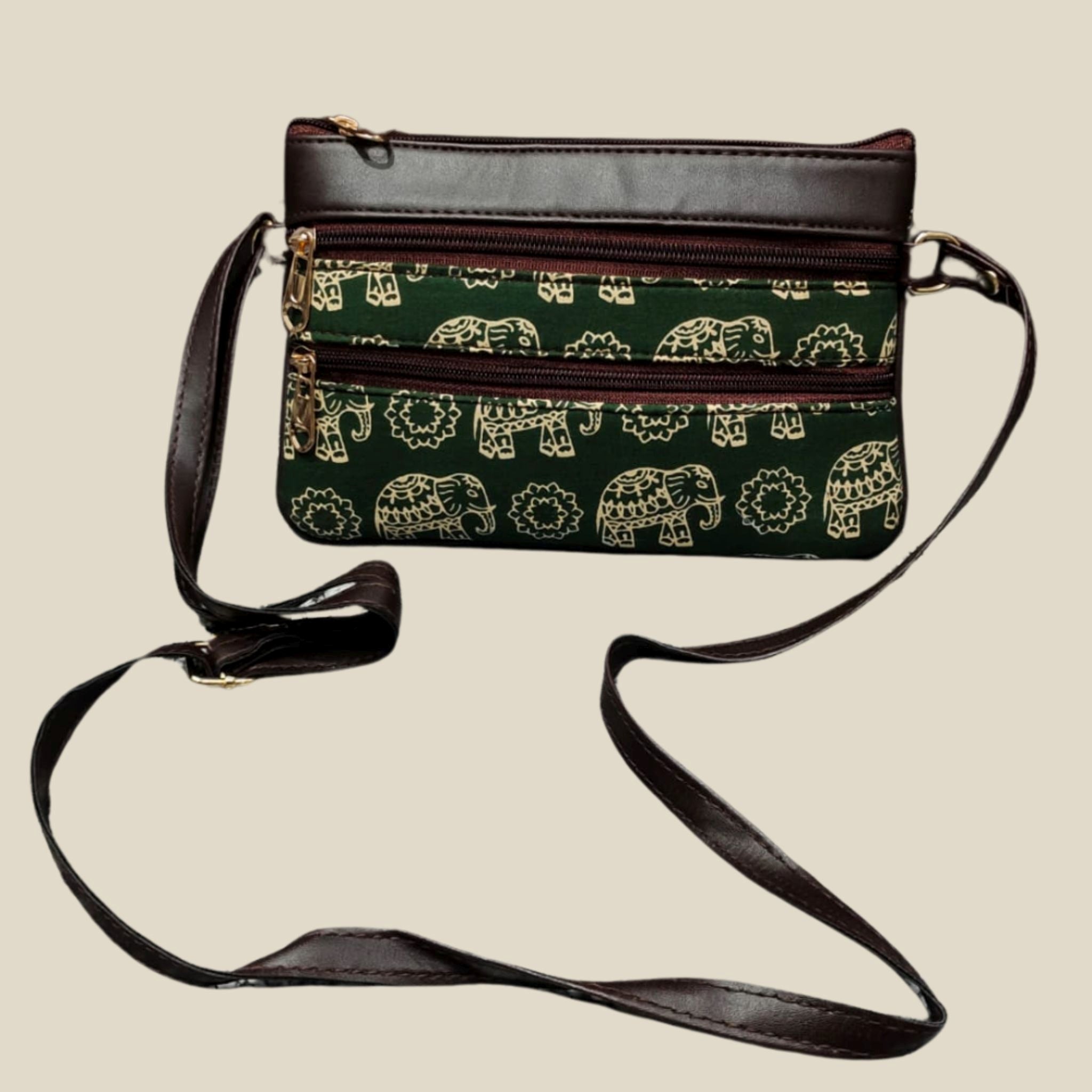 Handmade Elephant Motif Sling Bag – Dual Zipper with Faux Leather Strap