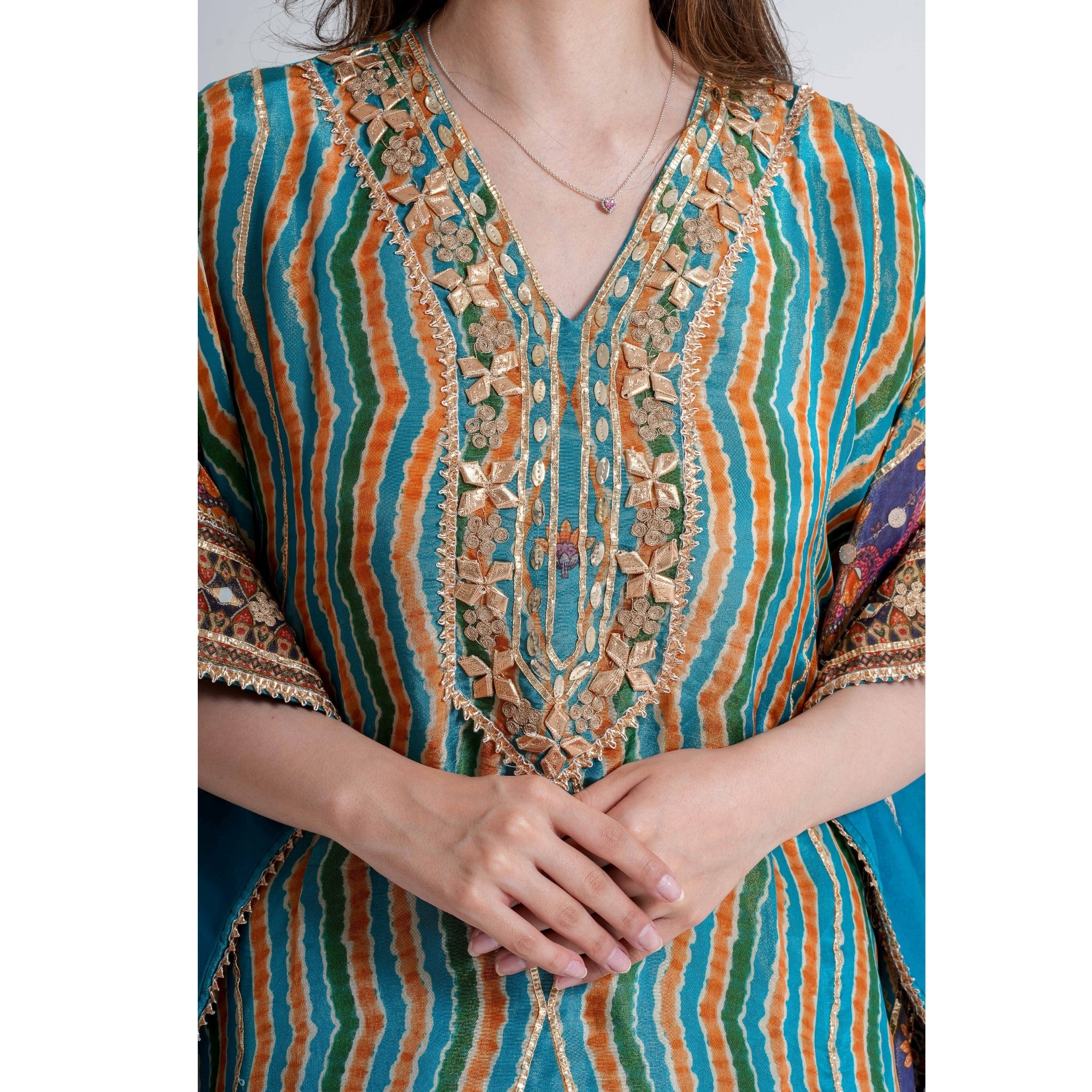 Multicolor Hand-Embroidered Kaftan Pant Set