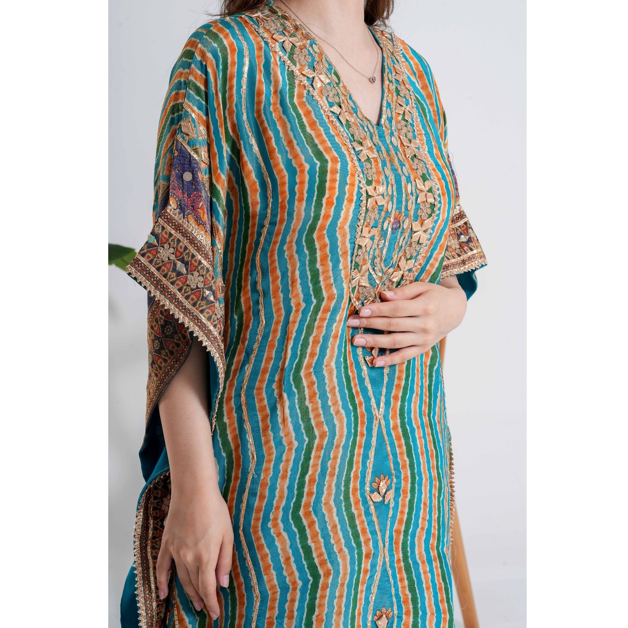 Multicolor Hand-Embroidered Kaftan Pant Set