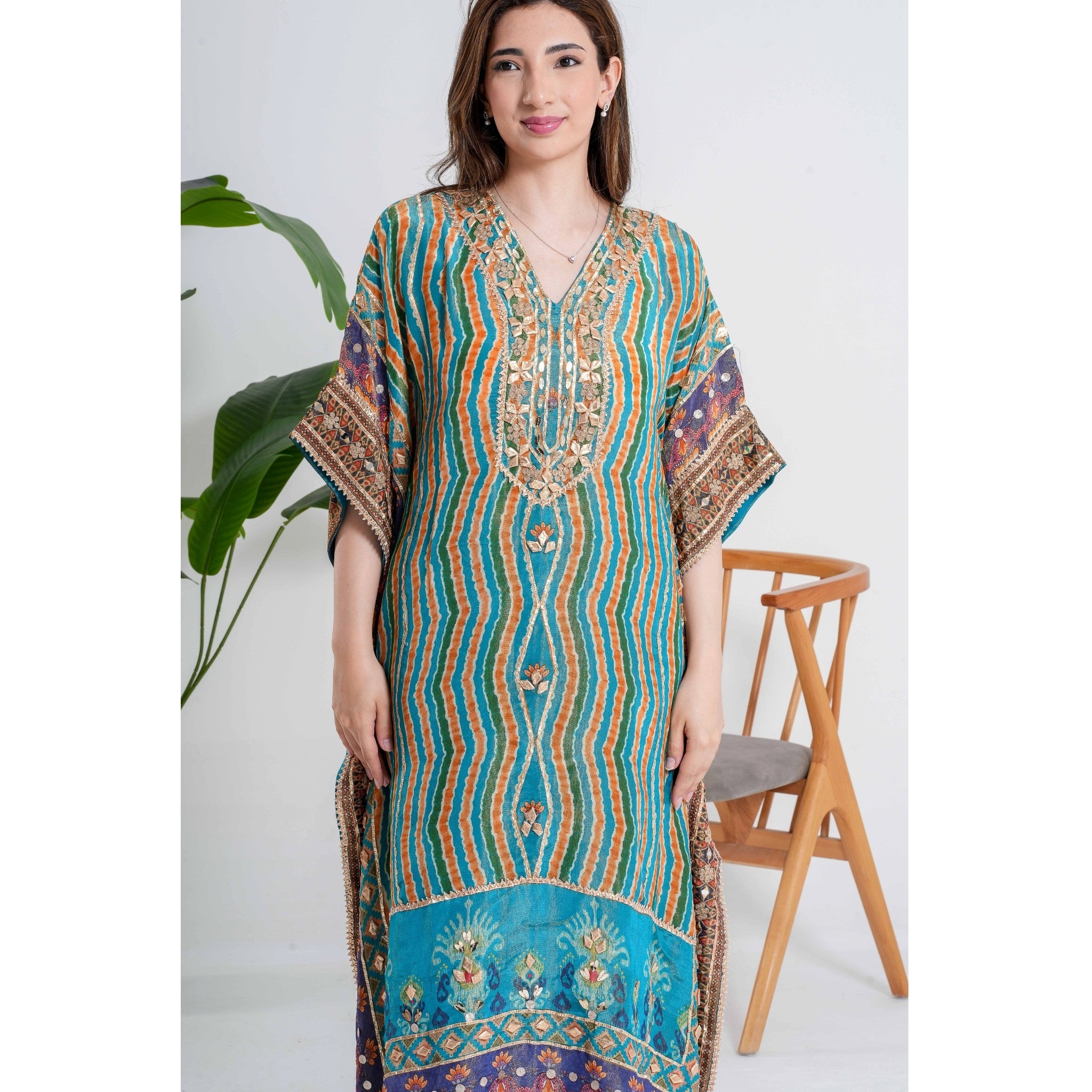 Multicolor Hand-Embroidered Kaftan Pant Set