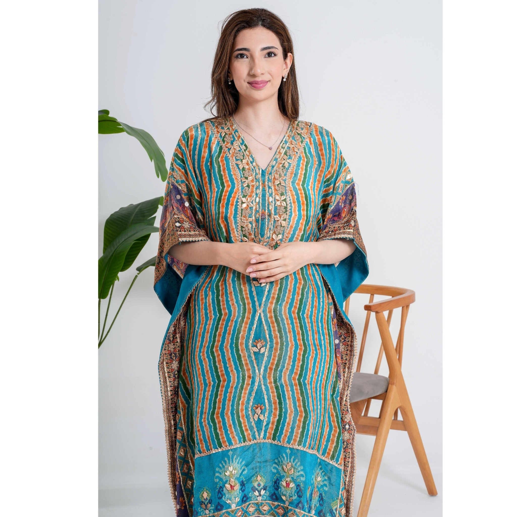 Multicolor Hand-Embroidered Kaftan Pant Set