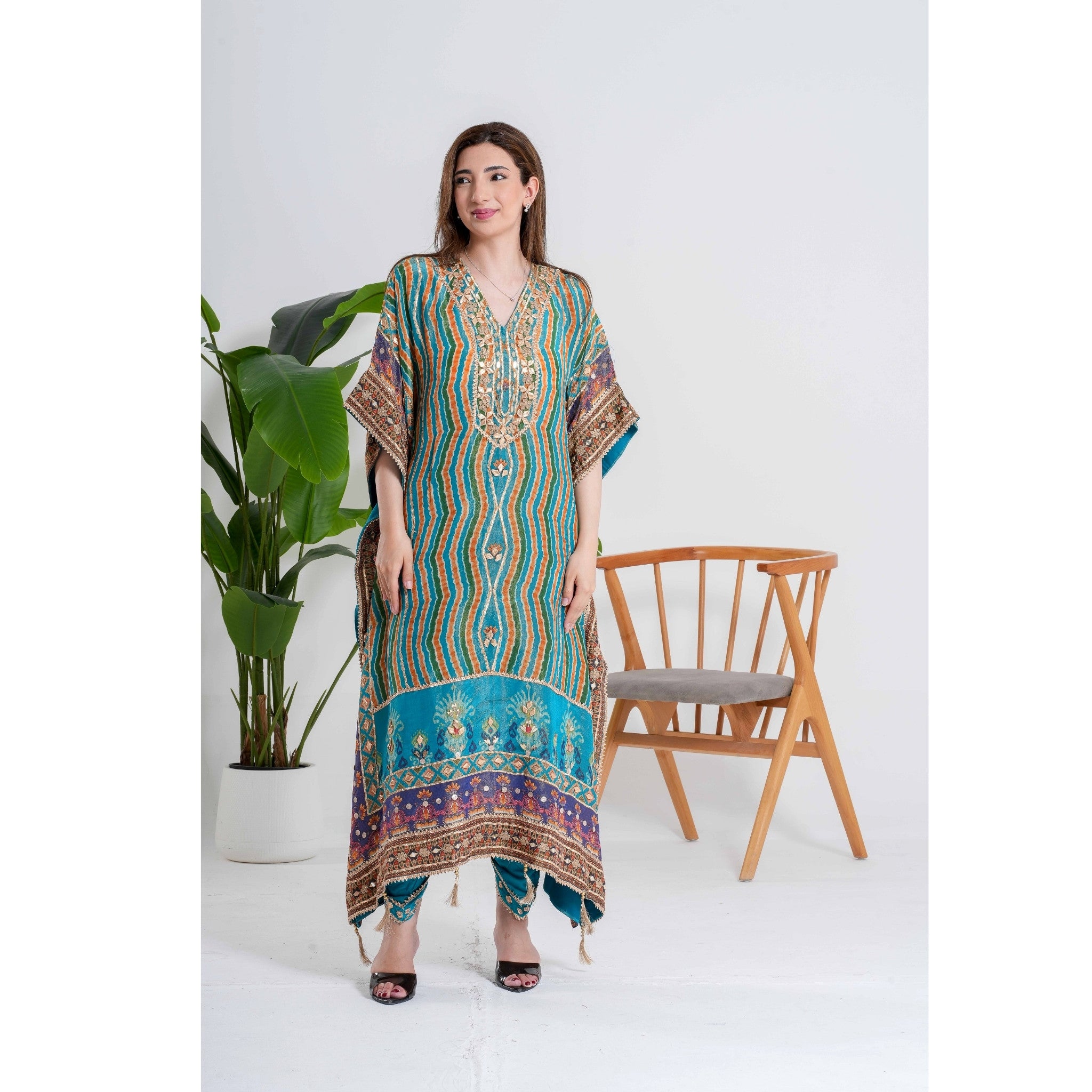 Multicolor Hand-Embroidered Kaftan Pant Set