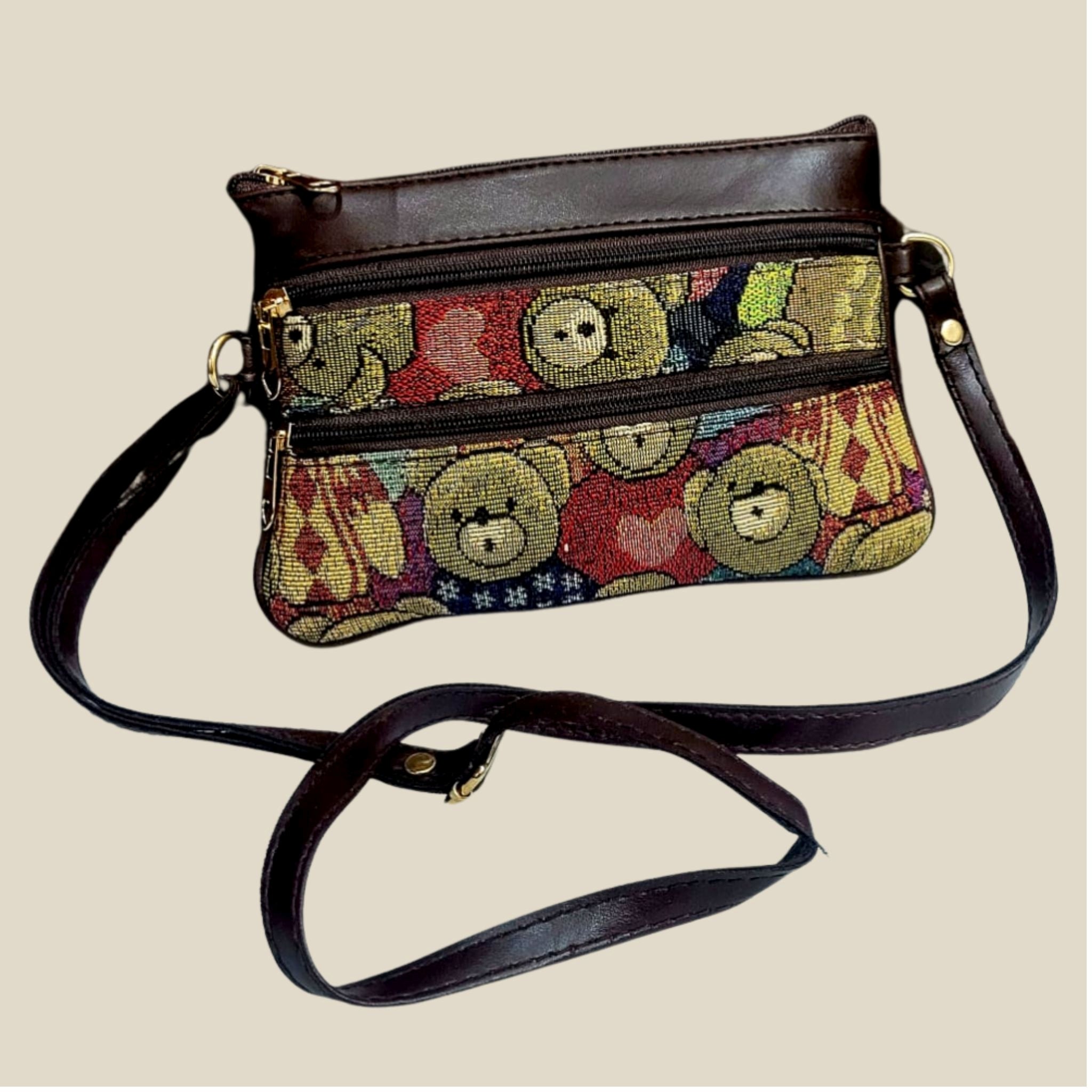Handmade Teddy Tapestry Sling Bag – Dual Zipper with Faux Leather Trim