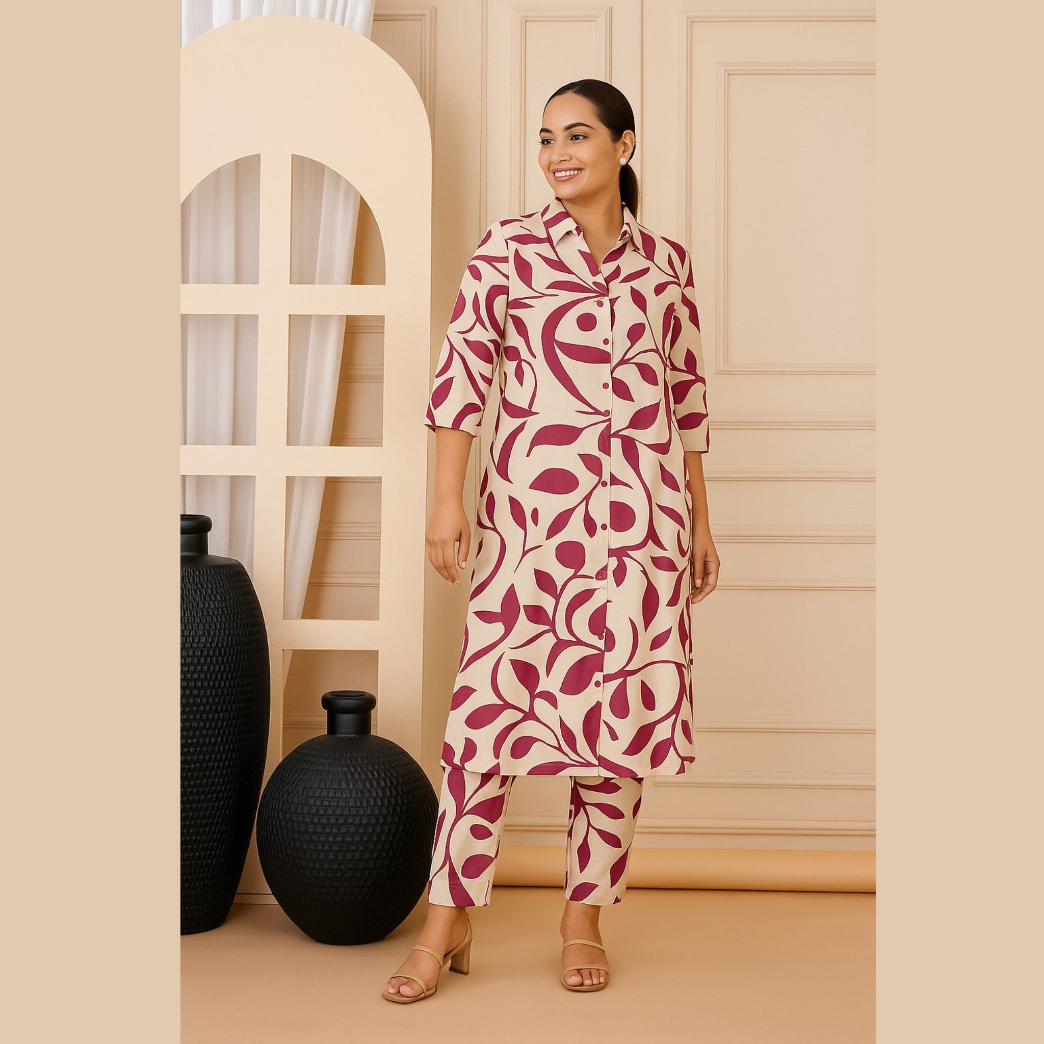 Crimson Maroon Cream Cord set