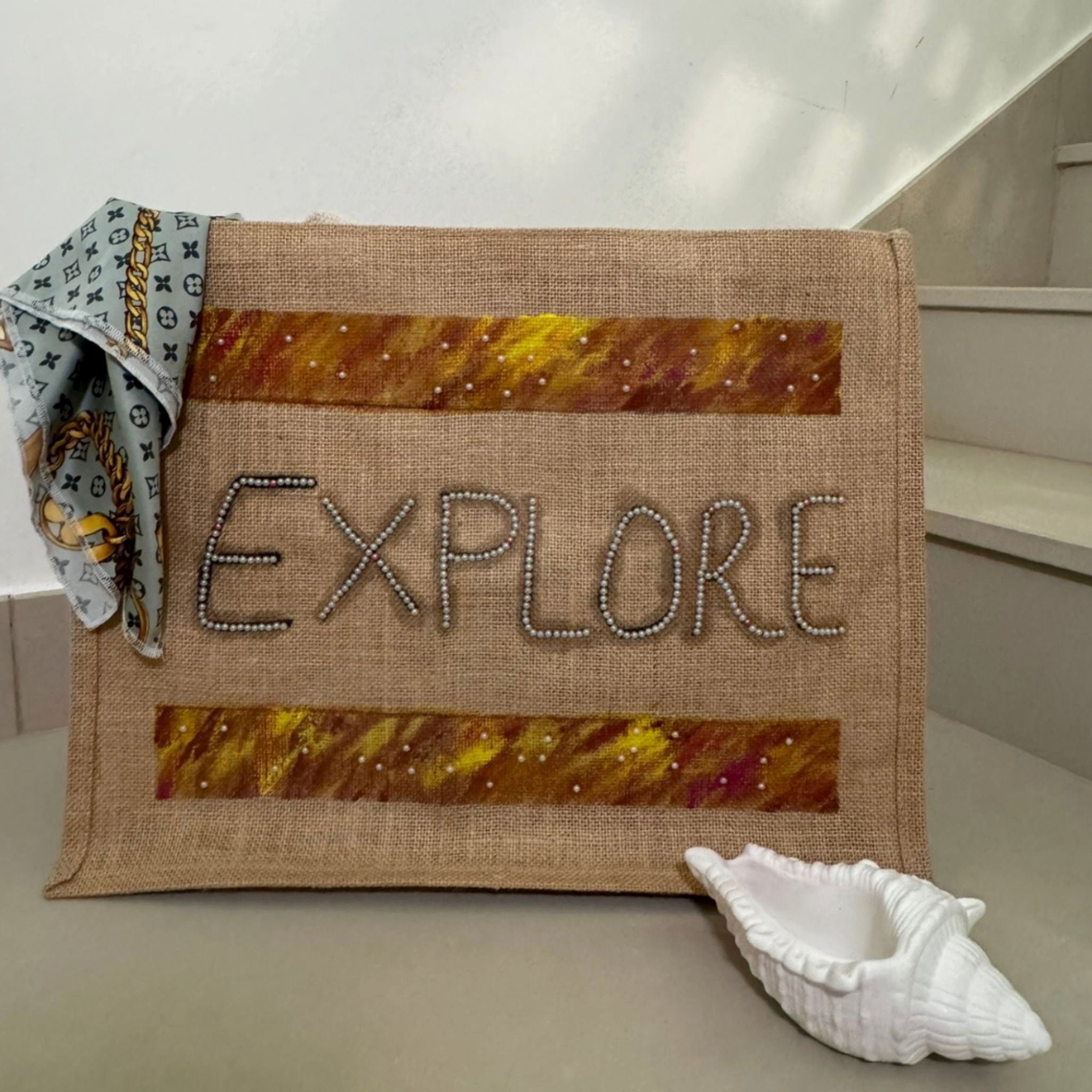 “EXPLORE” Sustainable Jute Tote – Beaded Text with Painted Bands