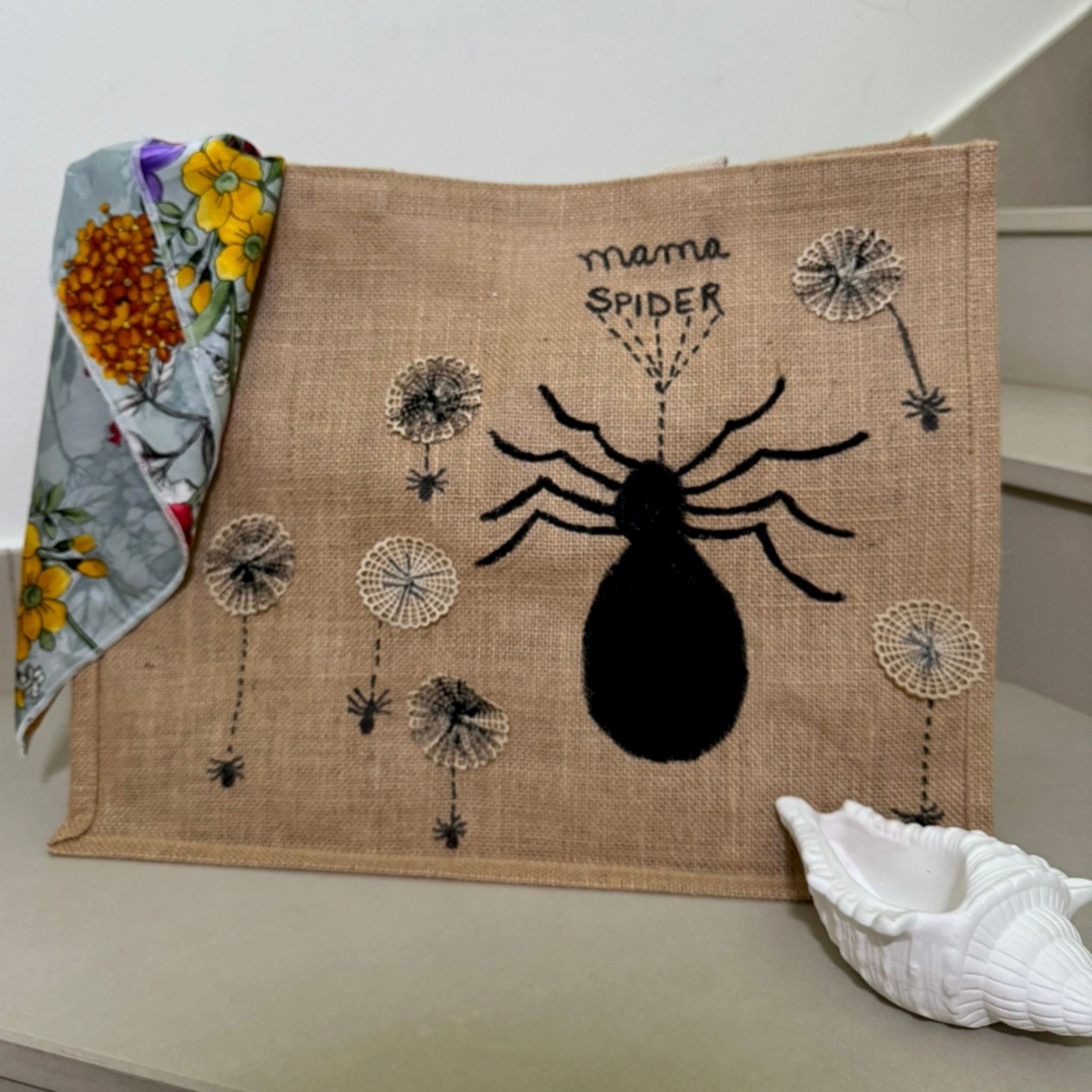 “mama SPIDER” Sustainable Jute Tote – Painted Web, Threaded Lace & Statement Text
