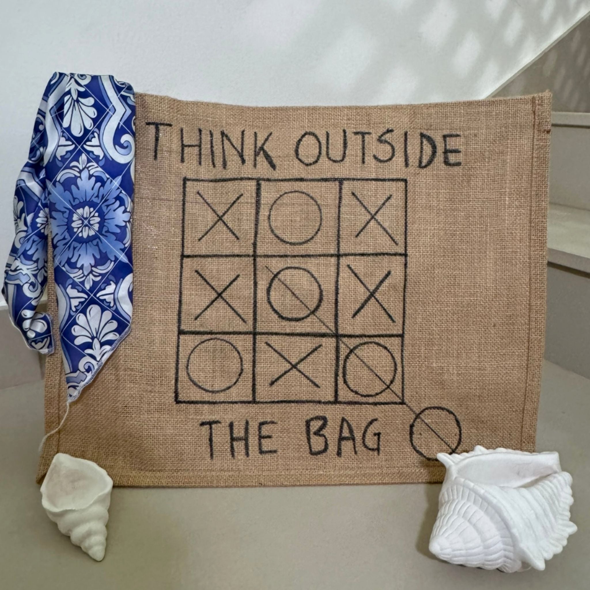 THINK OUTSIDE THE BAG” Sustainable Jute Tote – Painted Grid & Lace Accent