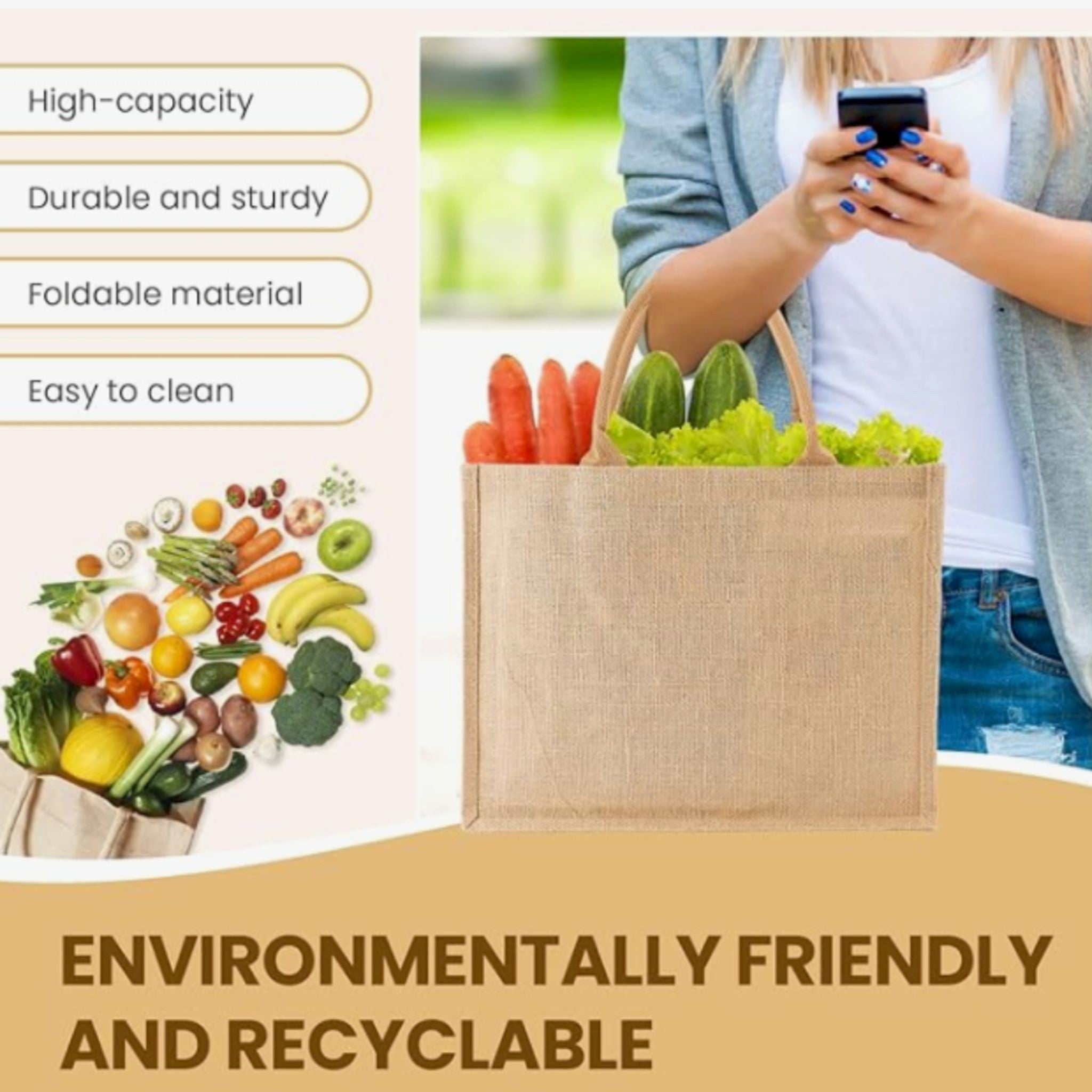 THINK OUTSIDE THE BAG” Sustainable Jute Tote – Painted Grid & Lace Accent